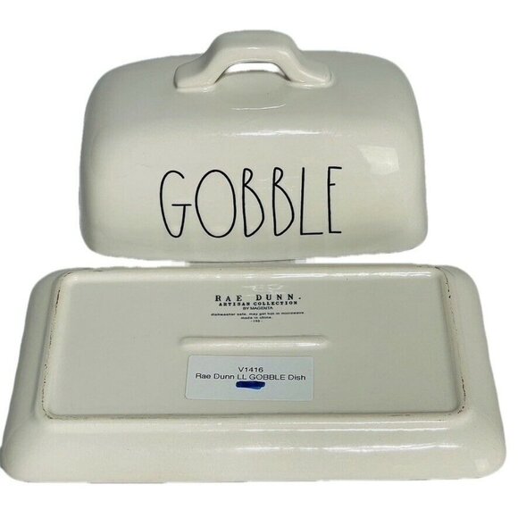 Rae Dunn Artisan Collection White Ceramic Butter Dish With "Gobble" Text - Picture 6 of 8